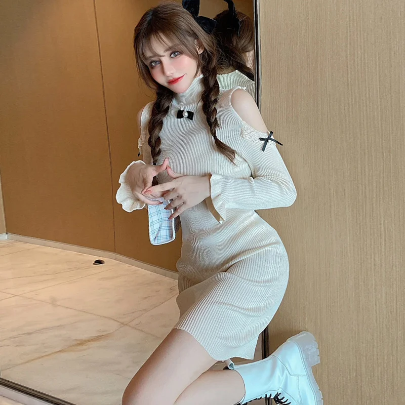 

Женское кружевное платье с открытыми плечами, короткая юбка с вырезами и бантом, приталенное платье знаменитости для ранней осени