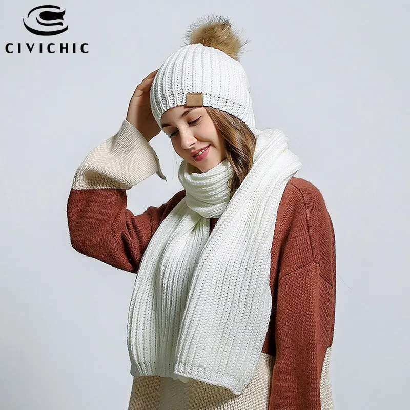 CIVICHIC Women Autumn Winter Knit Hat Scarf 2 PCS Warm Set Pompon Beanies Skullies Crochet Cap Thick Headwear Casual Shawl SH143 |