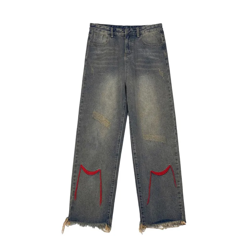 Blue Embroidered Jeans Men Fashion Retro Baggy Wide Leg Jeans Men Streetwear Loose Hip Hop Straight Denim Pants Mens Trousers
