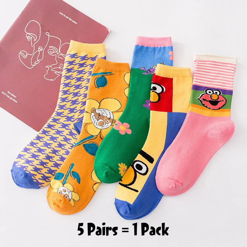 5 Pairs-13 5 пар Женские Мультяшные шикарные движения скейтборд хлопчатобумажные носки Улица Сезам длинные носки искусство женский персонаж милый хипстер Мода - Цвет: 5 Pairs-13