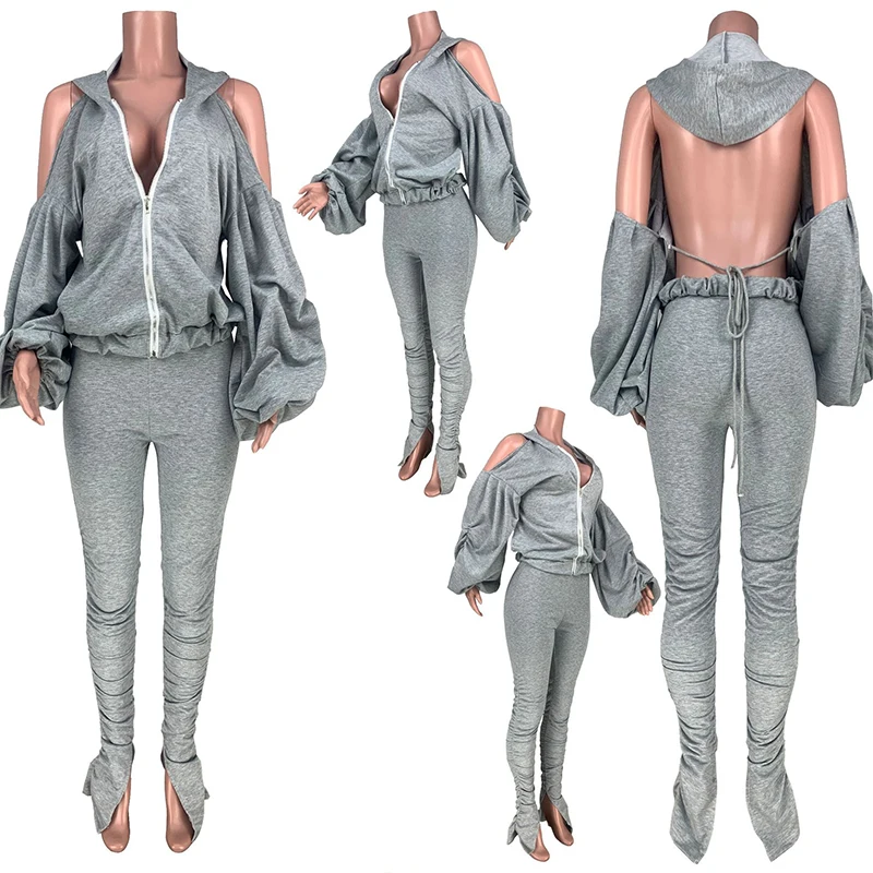 

HAOYUAN Sexy Tracksuit Two Piece Set Women Fall Clothes Outfits Off Shoulder Backless Hoodies Top Stacked Leggings Matching Sets