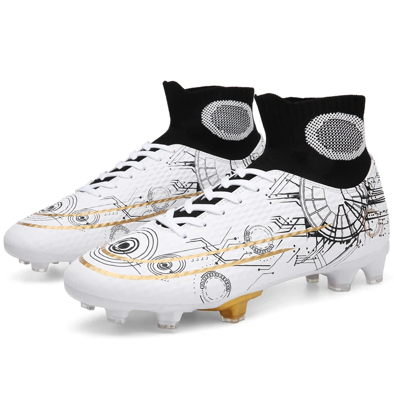 Men Football Soccer Cleats Boots Long Spikes TF Ankle High Top Sneakers Boy Soft Indoor Turf Futsal Sport Gym Shoes Male 34-46