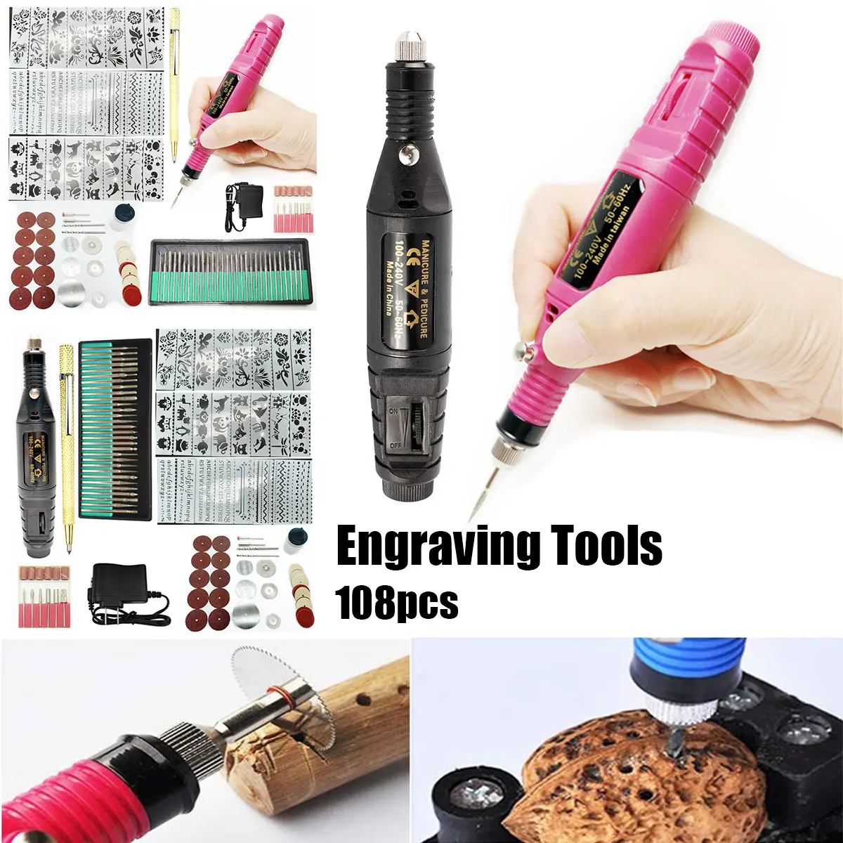 

108Pcs Engraving Tool Kit Electric Micro Engraver Etching Pen DIY Power Tool Rotary Tool Set with Scriber Pen Stencils