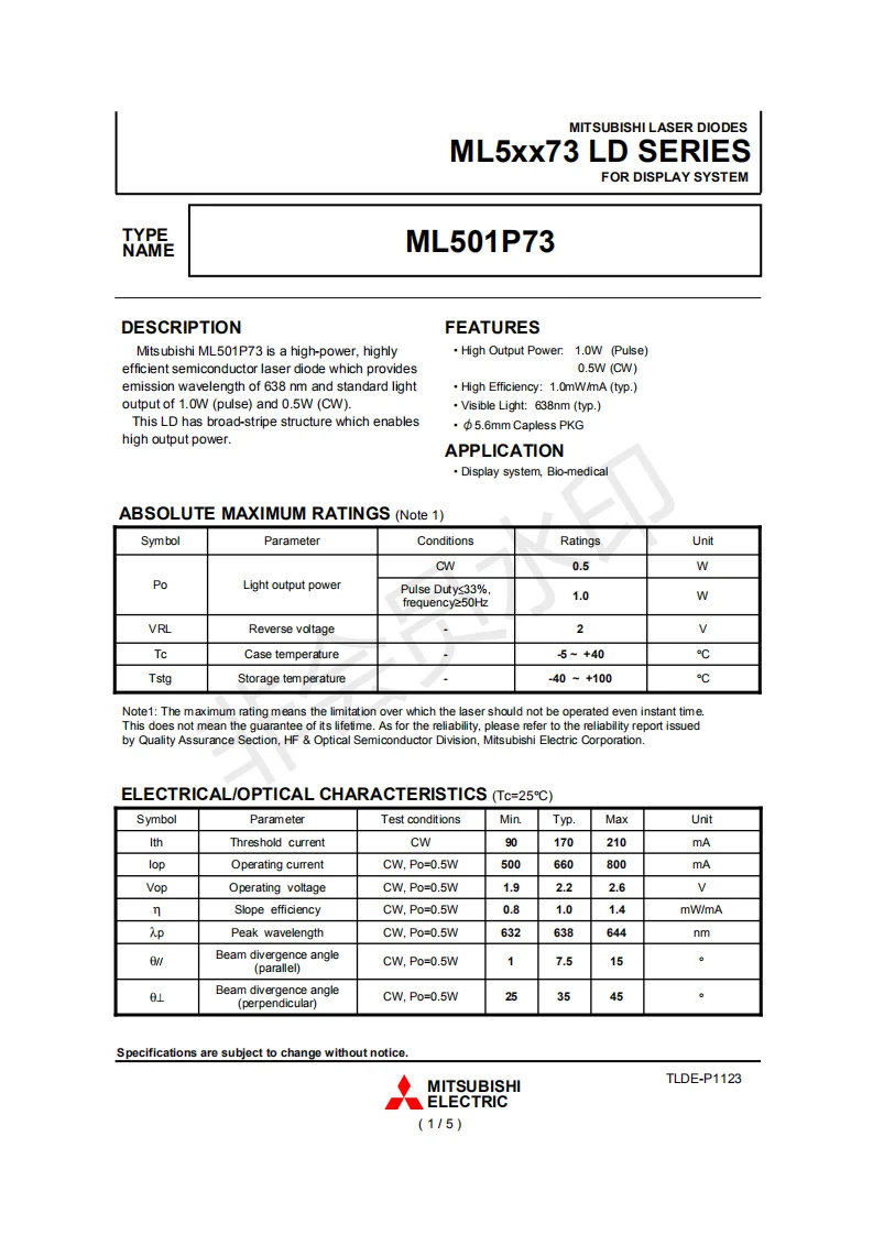 Лазерный диод Mitsubishi ML501P73-02 TO18-5.6mm 500 красный 635нм 638нм МВт высокая мощность |