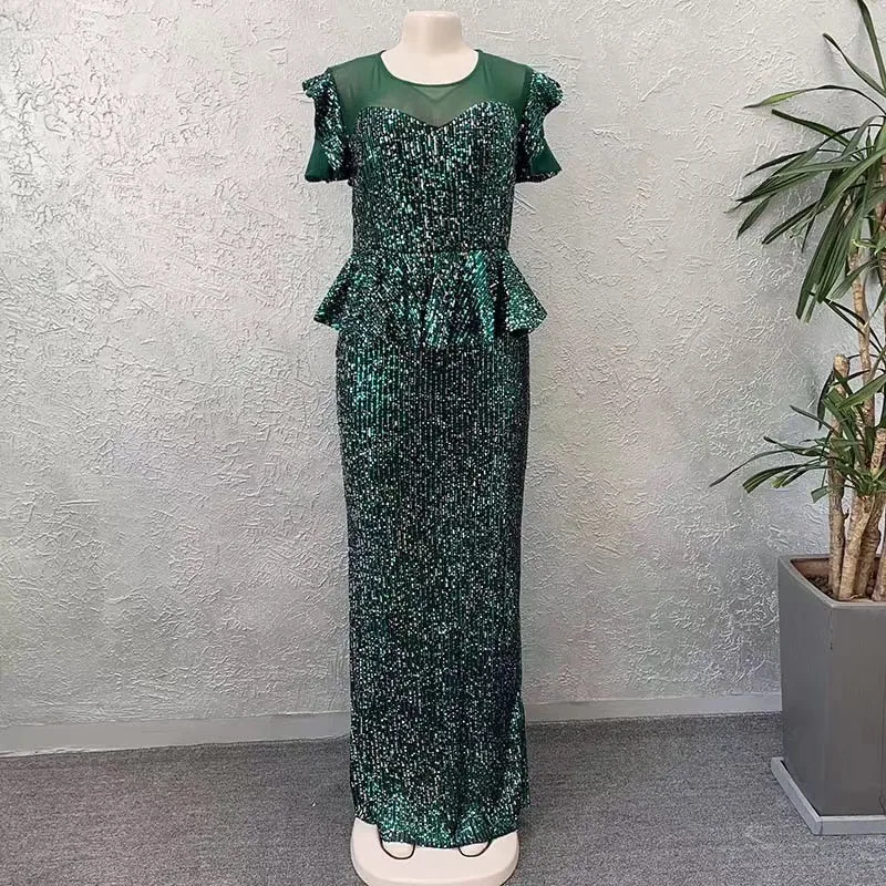 Unique Fashion Stretch Sequins sexy evening party lady Mermaid skirt popular Ruffle sleeve African dresses for women