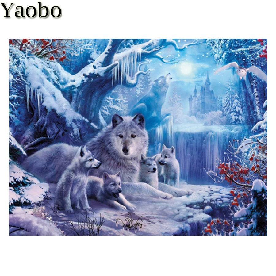 

Полноразмерная алмазная живопись с изображением волка семьи снега гор пейзажа 5D алмазная вышивка крестиком Мозаика картина Стразы