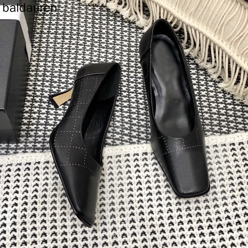 

New Brand High Heels Square Toe Stiletto High Quality Genuine Leather Plus Size Office Heeled Women's Shoes