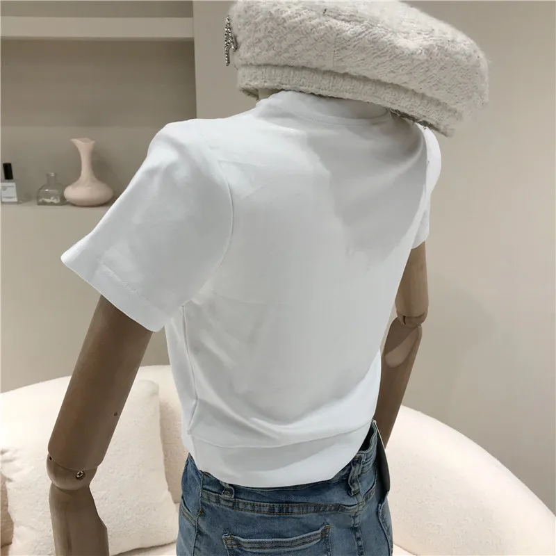 

Niche Design Women's Spring Summer 2021 Fashion Design Feeling Splicing Water Drill Strip Short Short Sleeve T Shirt