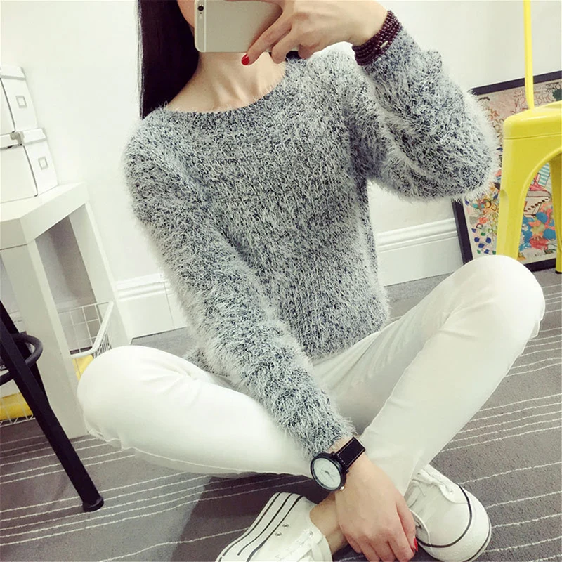 

Women Candy Colors Sweaters Fashion Autumn Winter Warm Mohair O-Neck Pullover Long Sleeve Casual Loose Sweater Knitted Tops