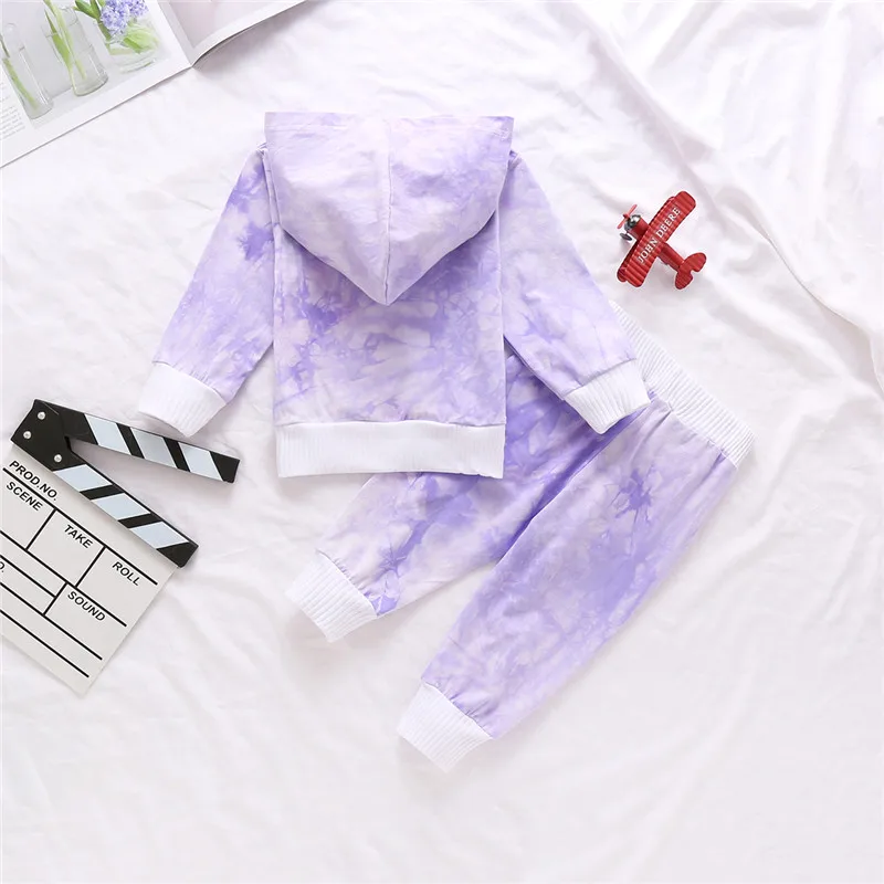 2020 Baby Girl Hoodie Set Tie Dye Printed Long Sleeve Casual Kangaroo Pocket+Pants Outfits Fall Clothes | Детская одежда и обувь