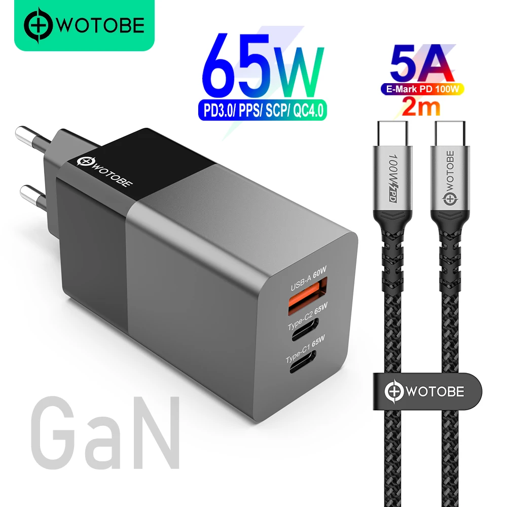WOTOBE 3 порта 65 Вт GaN USB C PD настенная зарядка Вт/45 Вт/20 PD3.0/QC/PPS/SCP 5A кабель для ноутбуков