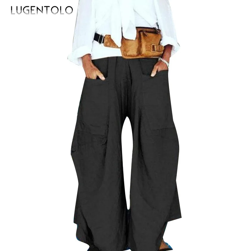 Lugentolo Woman Pants Fashion New Outdoor Sports Big Pocket Irregular Wide Leg Casual Wild Overalls S-5XL | Женская одежда