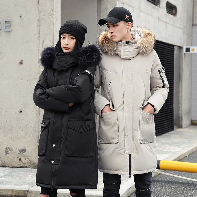 Down jacket for men's mid - length hooded and large - collar couples down jacket for cool fashion warm coat