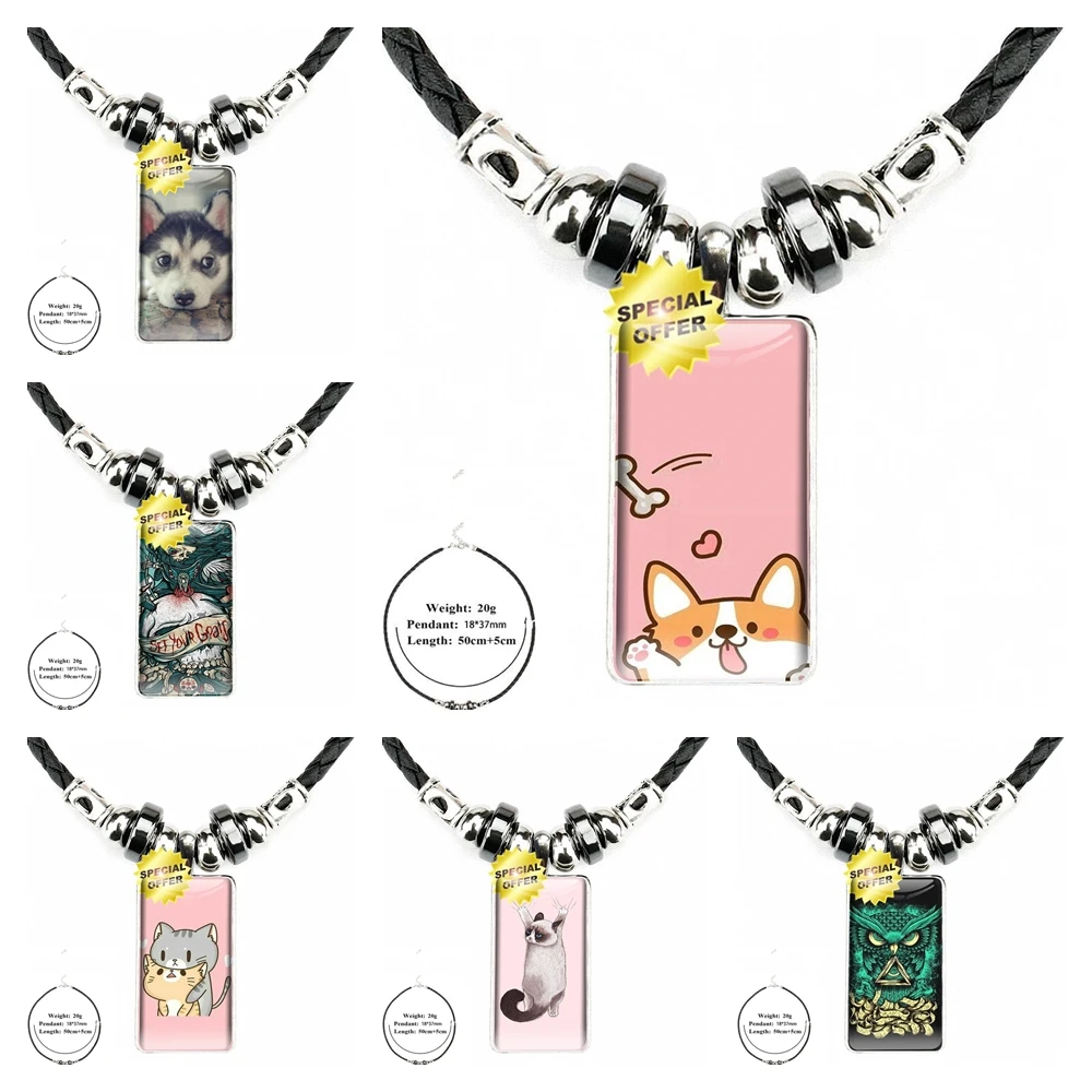 For Girls Handmade Gift Adorable Animal Fashion Glass Cabochon Black Hematite Necklace With Women Statement Pendant Rectangle | Украшения и