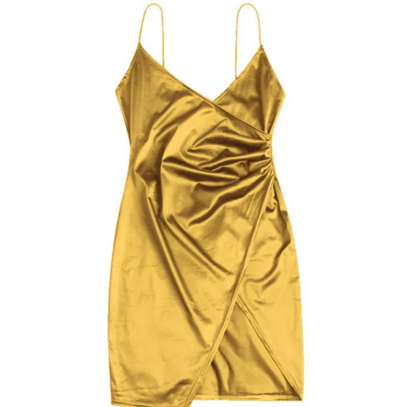 

Ruched Satin Summer Dress Drawstring Spaghetti Straps V Neck Backless Mini Dresses for Women Party Sexy Vestidos 2021
