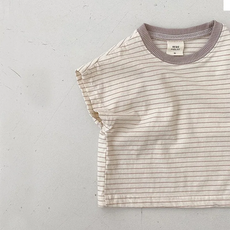 

2021 Children's Summer T-shirt Boys and Girls Round Neck Short Sleeve Printed Striped Casual Top Toddler Boy Clothes