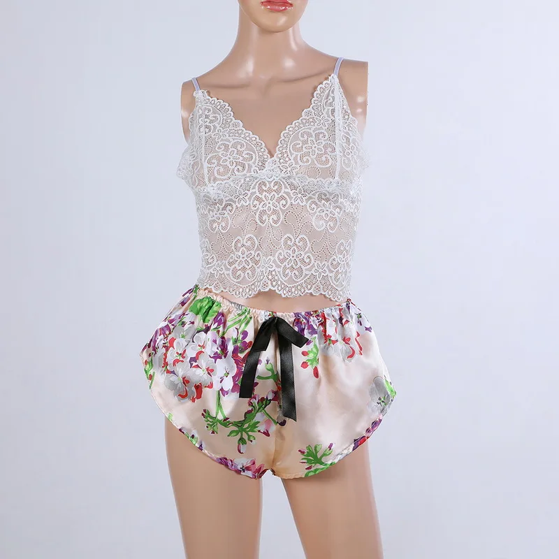 

2021 Sexy Lace Pajamas Set Print Women'S Pajama Spaghetti Strap V-Neck Nightwear Low Collar Top And Shorts Suit Sleeveless