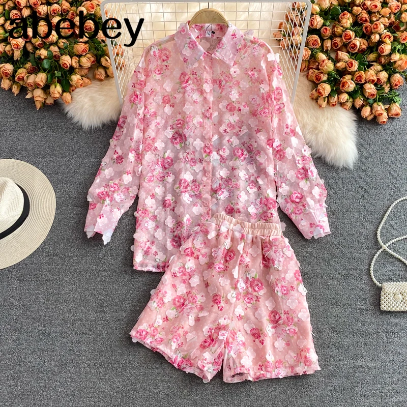 

2021 New Summer Korean turn-down collar long sleeve three dimensional flower Shirt + High Waist Wide Leg Shorts 2-piece set