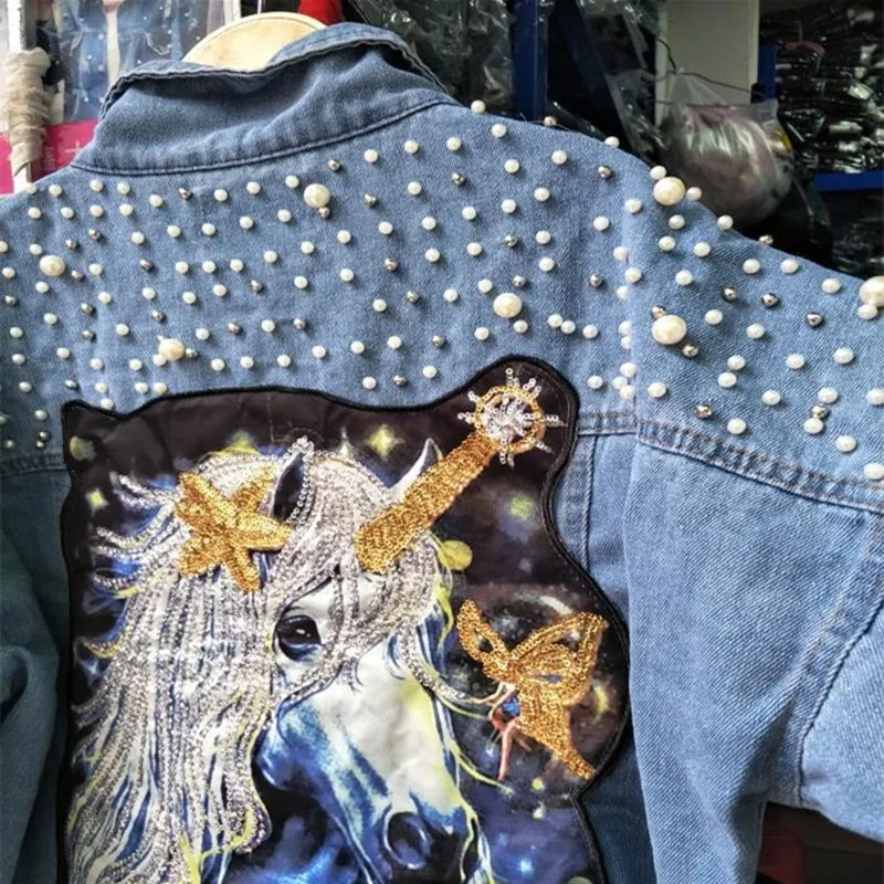 

Oversized bead denim coat women sequins jean jacket spring autumn hole outerwear rivet patchwork streetwear women's denim jacket
