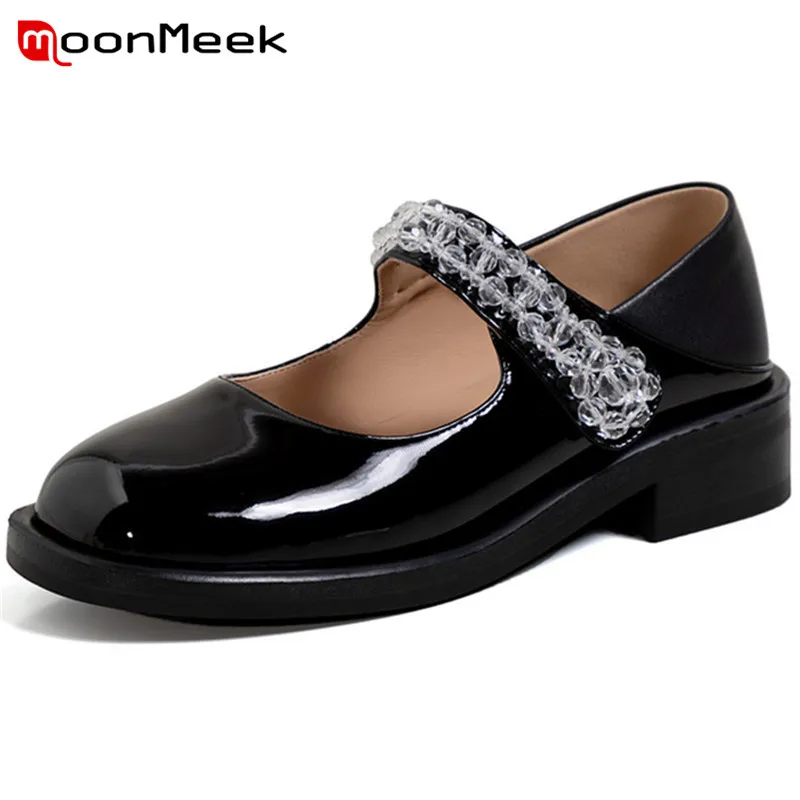

MoonMeek 2022 New Fashion Casual Shoes Women Flat Shoes Round Toe Crystal Comfortable Patent Leather Summer Single Shoes Lady