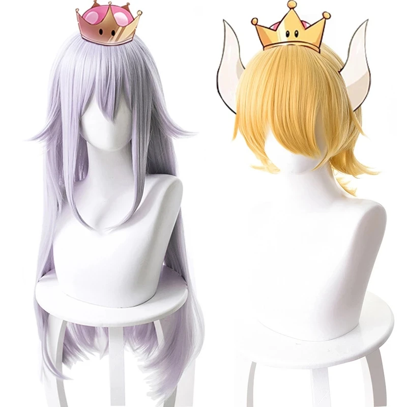 Booette King Boo Cosplay Wig Long Sliver Purple Wigs Mario Bowsette Blonde Heat Resistant Synthetic Hair Cosplay Wigs + Wig Cap