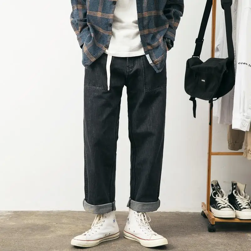 

2019 New Fashion Man Wide Leg Jeans Streetwear Straight Loose Cuffs Denim Pants Casual Male Hip Hop Trousers