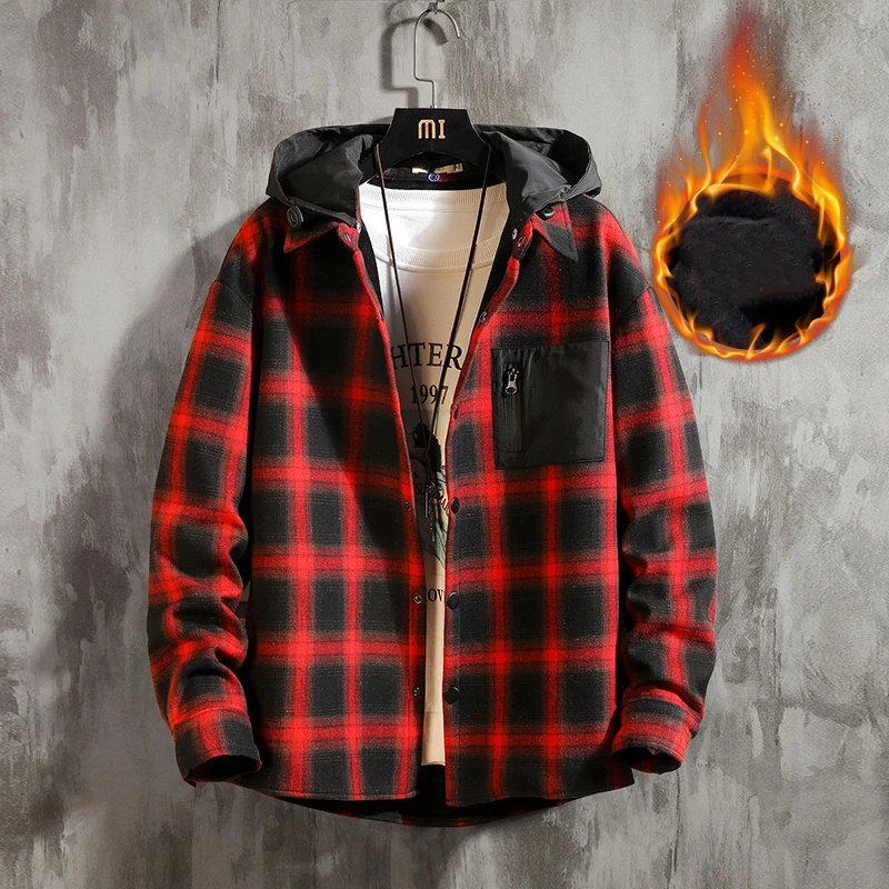 

Winter 2020 Shinichi Casual Plaid Hooded with Velvet Thickened Warm Men Shirt Men's Cotton Polyester Loose Long Sleeve Shirts