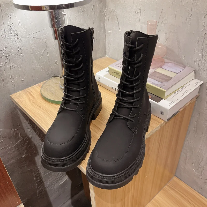 

2022 New Winter Mid Heels Luxury Chunky Platform Chelsea Women Boots Pu Leather Lace Up Warm Snow Botas Designer Mujer Zapatos
