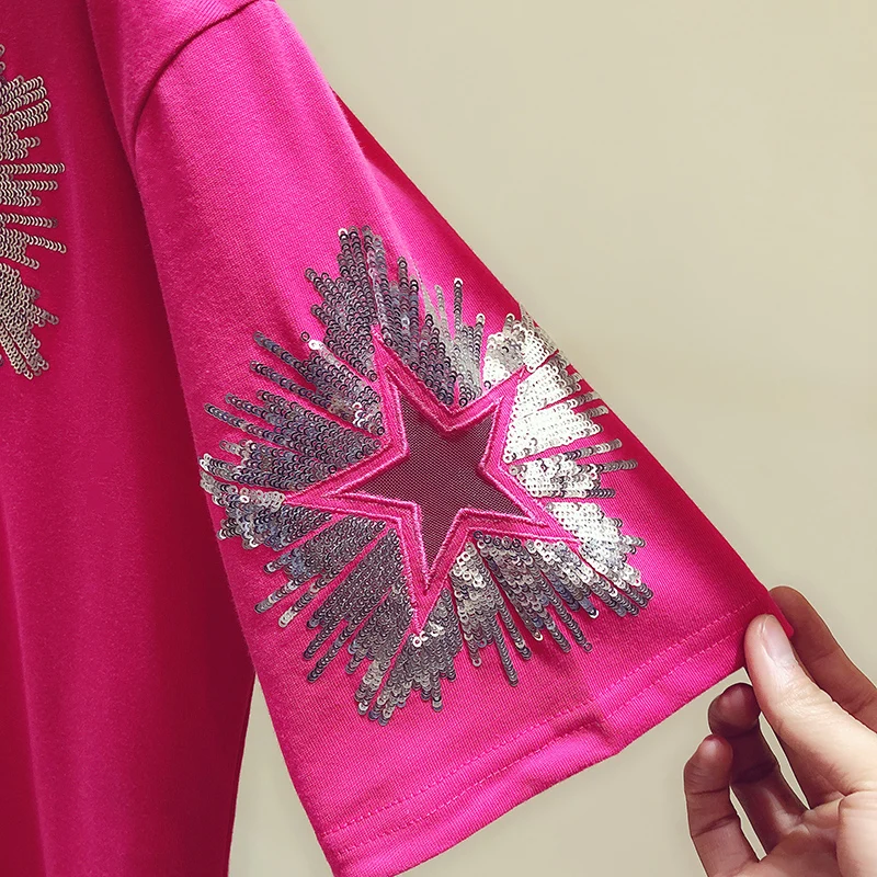 

2021 Summer New Jumper Korean Style Fashion Hollowed-out Sequin Crew Neck Short Sleeve T-shirt for Women Casual All-Matching Top