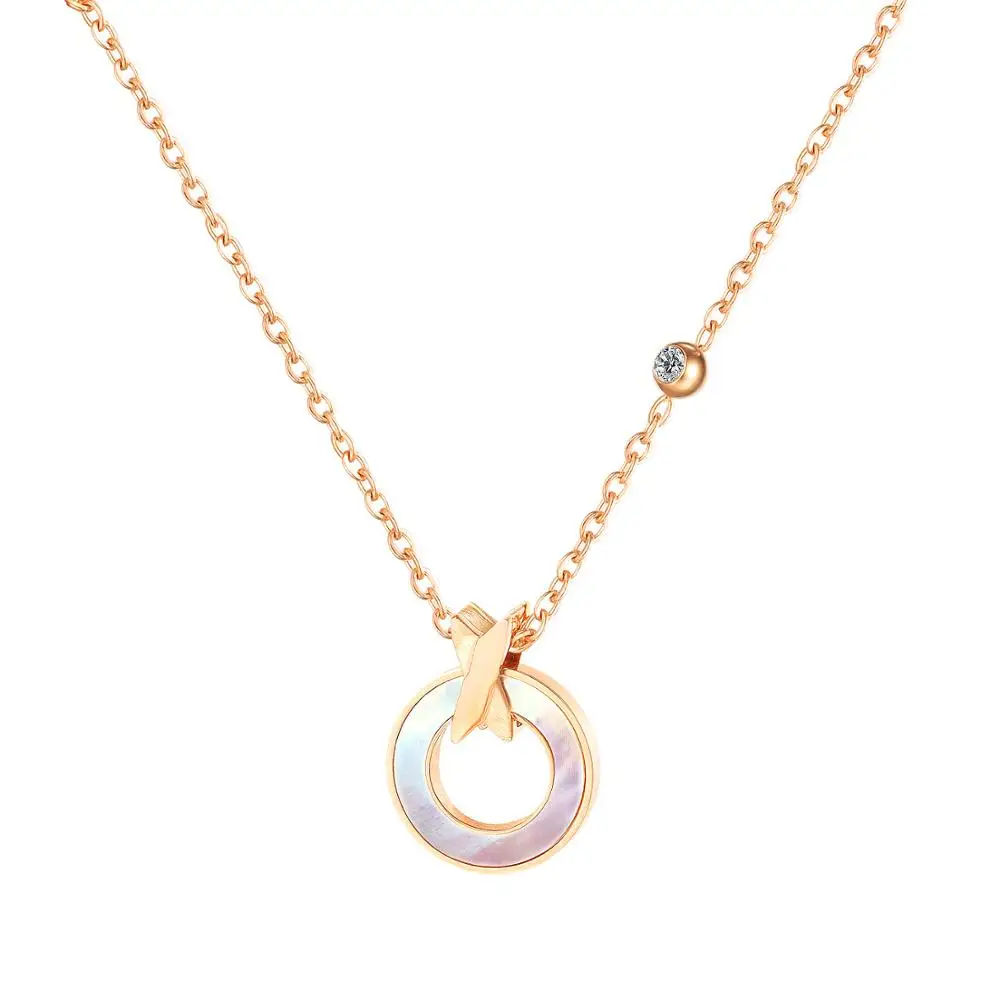 

Hollow Round White Shell CZ Pendant Necklaces For Girls Rose Gold Titanium Stainless Steel Female Chain Choker Necklace