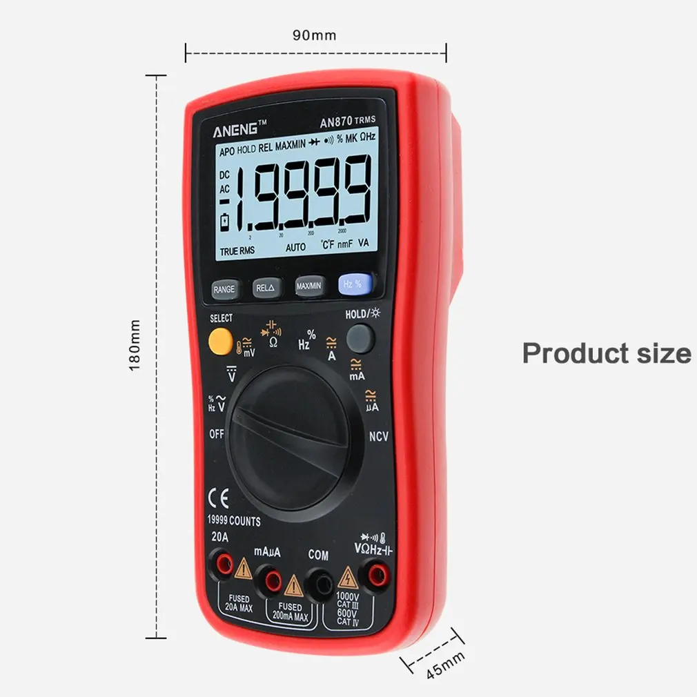 

ANENG AN870 Digital Multimeter 19999 Counts True RMS AC/DC Volt Amp Ohm Capacitance Frequency Temperature NCV Transistor Tester