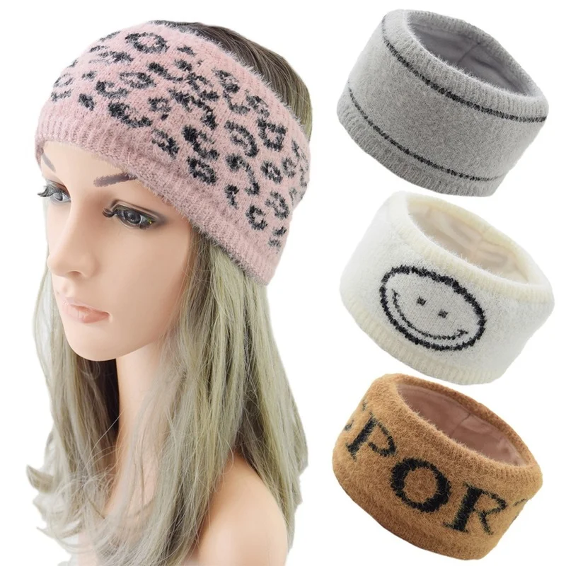

Mink Velvet Headband Thickened Velvet Lining Knitted Hair Band Warm Wool Headgear Smiling Face Leopard Jacquard Headdress 425