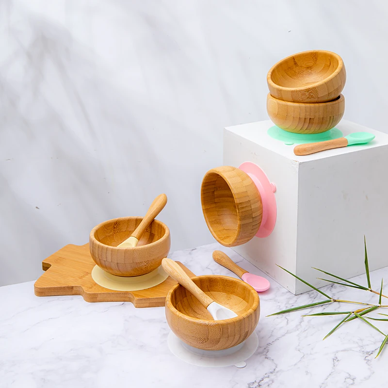 

Baby Dinner Plate Baby Feeding Bowl Children's Dishes Wooden Kids Feeding Dinnerware With Silicone Suction Cup Wooden Spoon