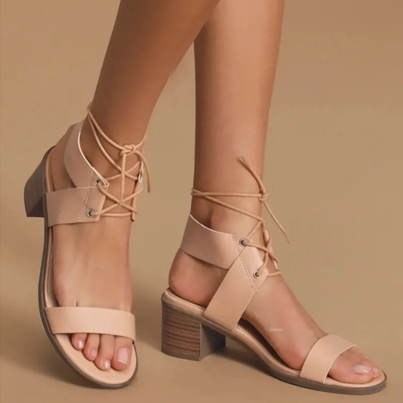 

Women's Thick-heeled Round-toe Sandals 2021 Summer Lace-up Open-toed Casual Shoes Comfortable and Lightweight Women's Sandals