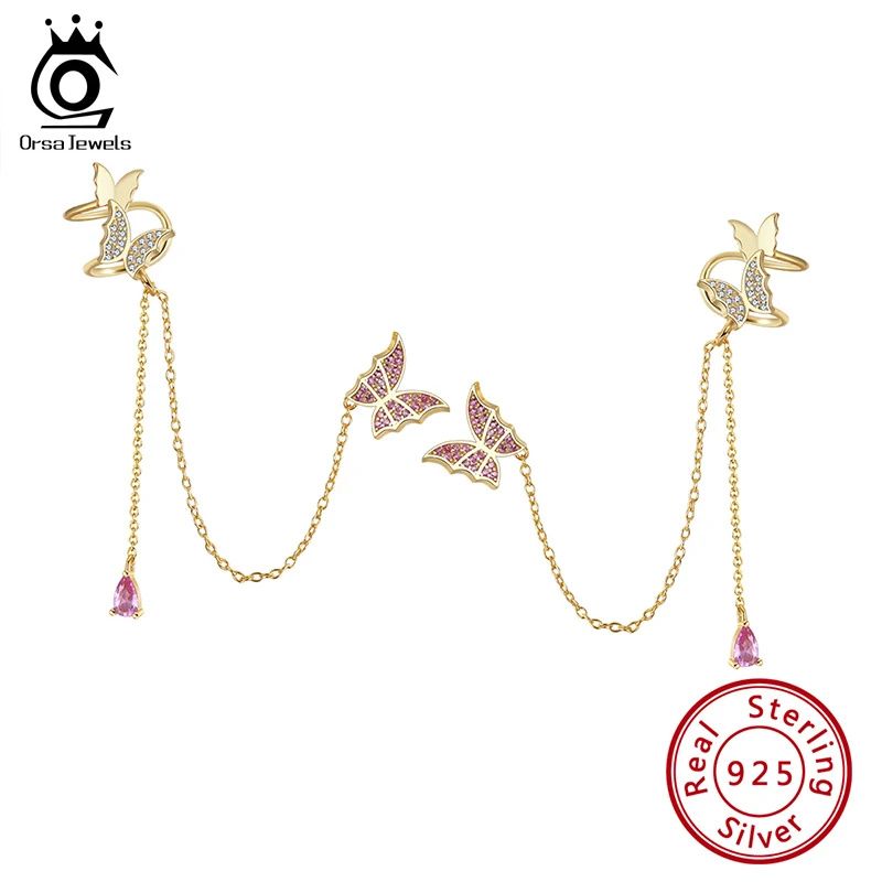 

ORSA JEWELS Оригинальные 925 серебряные серьги в виде бабочек 14 к позолоченные персонализированные серьги-бабочки с длинной цепочкой SE340