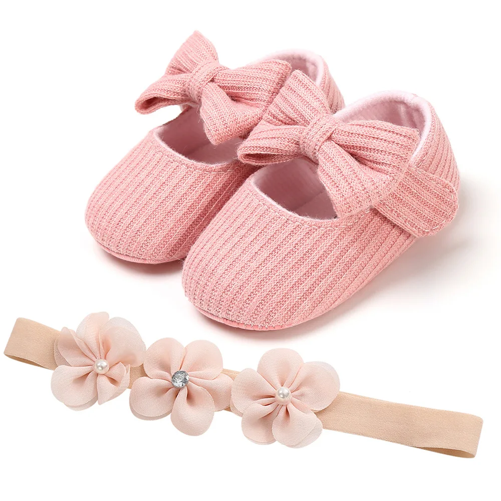 Emmababy модные милые комплекты одежды из 2 предметов; для детей; детская обувь; детские для девочек, обувь для младенцев Детские Мягкая подошва, с бантом для детей, начинающих ходить Туфли под платье+ повязка на голову