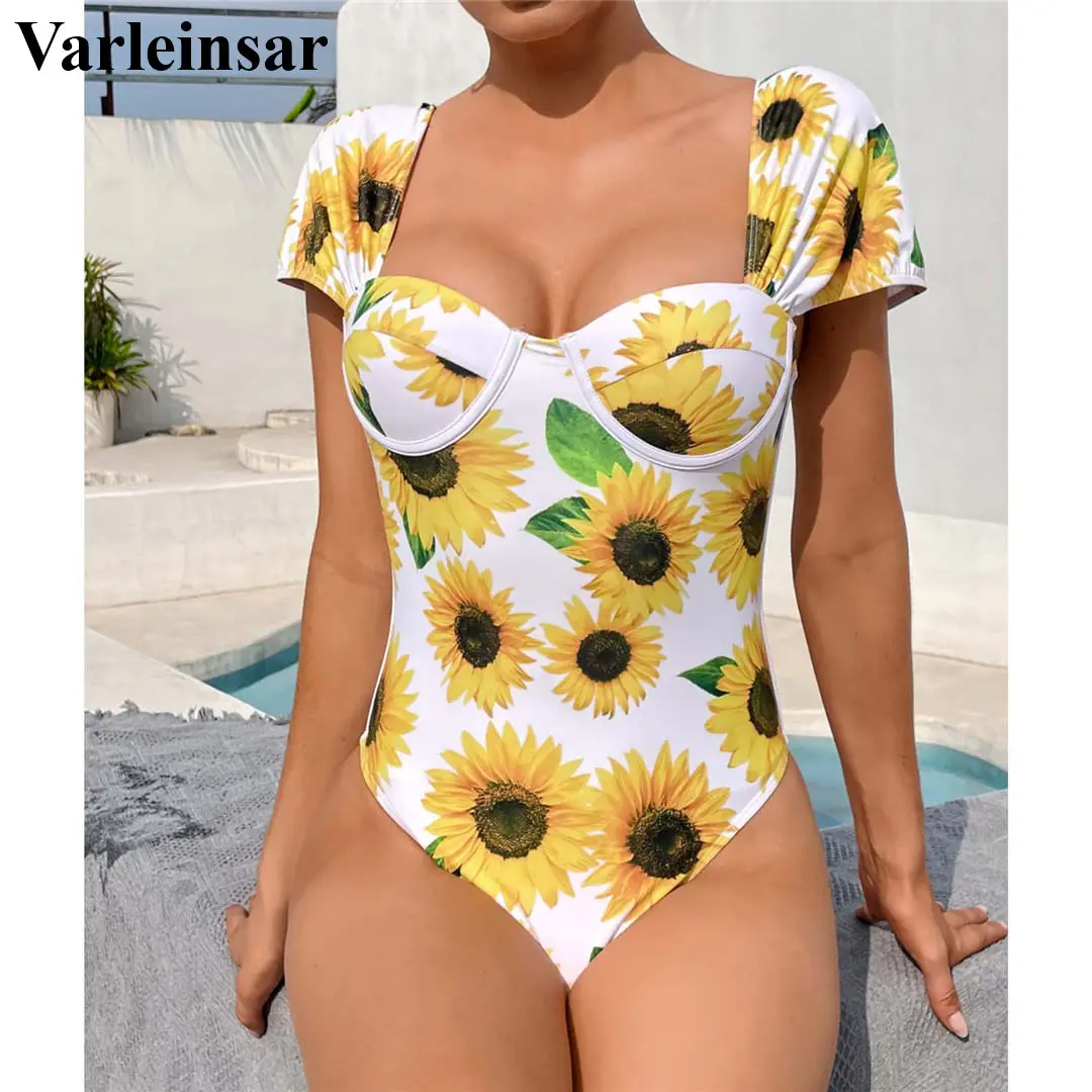 

Nuevo Sexy 2021 Floral Push Up De Una Pieza Traje De Bao De Las Mujeres Flor Femenina Manga Corta Acolchada Baista Traje De