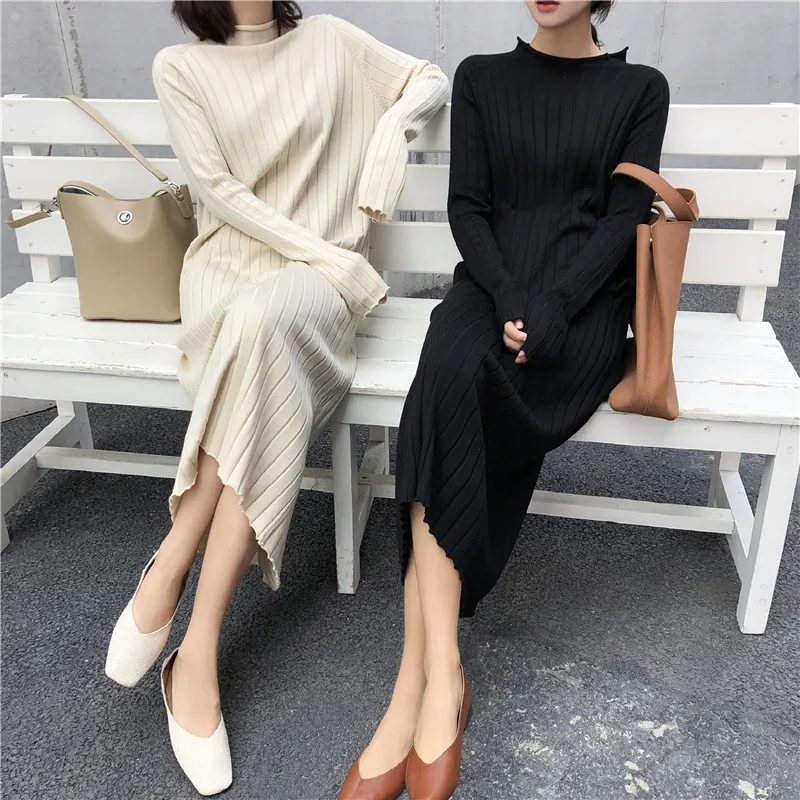 Женское платье-свитер с высоким воротом Осень-зима 2019 модное корейский стиль