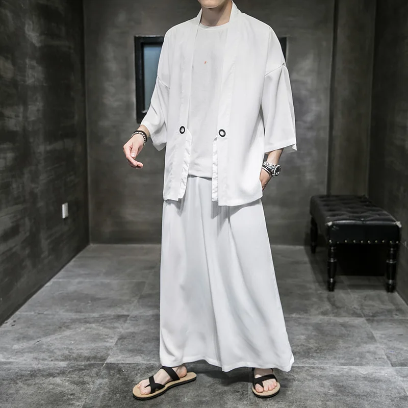 

Chinese Style Men's Casual Loose Elegant Light and Thin Sunscreen Suit Youth Cardigan Plus Size Summer Retro Two-piece Suit