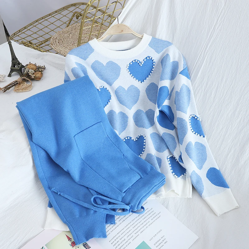 

New Autumn Winter Sweet Love Print Beads Pullover Top Sweater + High Waist Double Pockets Knitted Pants Two-piece Set for Women