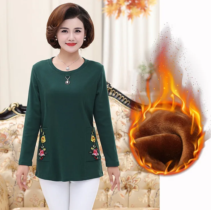 warm tops fall winter women thick long sleeves t-shirts velvet jersey plus size middle age mother shirt pulloves bottoming shirt - Цвет: velvet green 8291