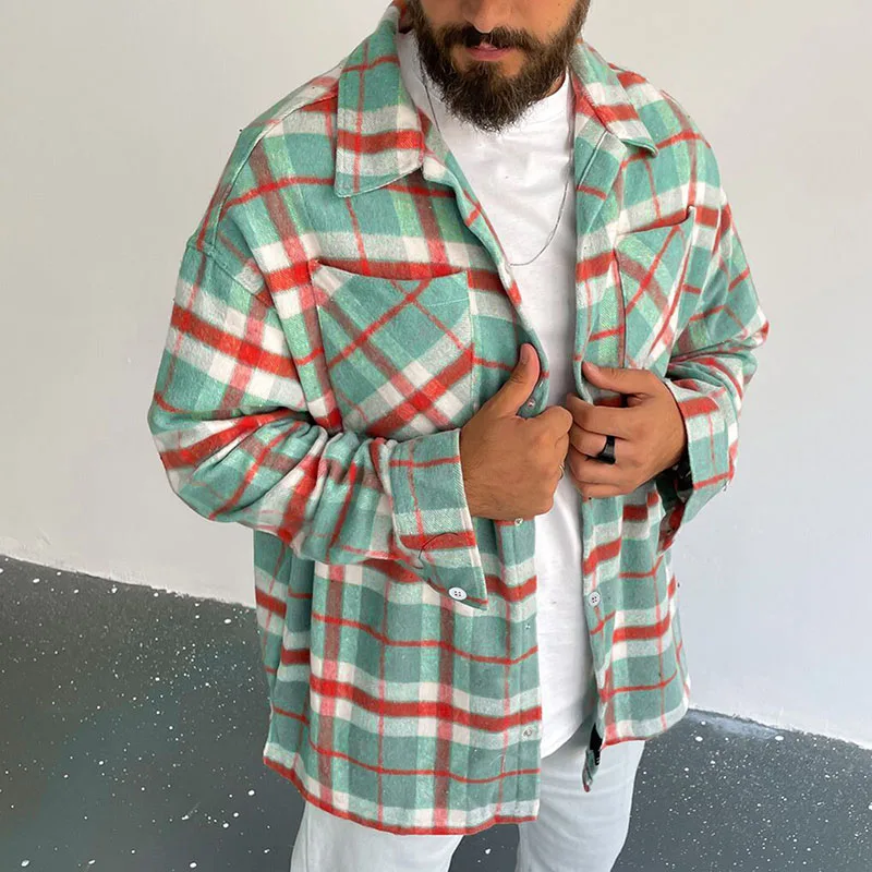 

Men Casual Turn-down Collar Buttoned Coats For Mens Long Sleeve Outerwear 2022 Spring Autumn New Fashion Plaid Printed Jackets
