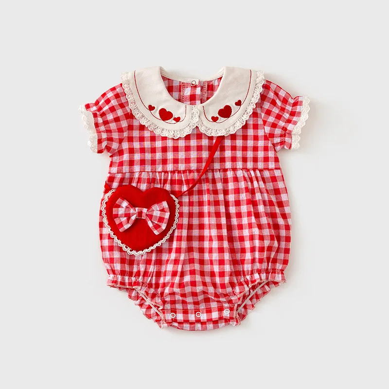 

2Pcs Baby Girl Plaid Romper Infant Korean Rompers with Bow Bag Newborn Love Embroidery Bodysuit Summer Children Cotton Clothes