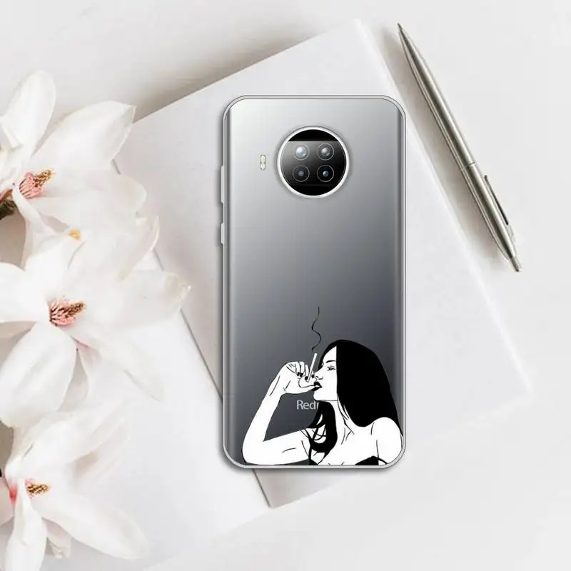 

Phone Case Transparent for Xiaomi mi Redmi note 10 t 8 9 pro lite 11 Samsung S 8 9 10 20 Cool smoking heartbreaker girl