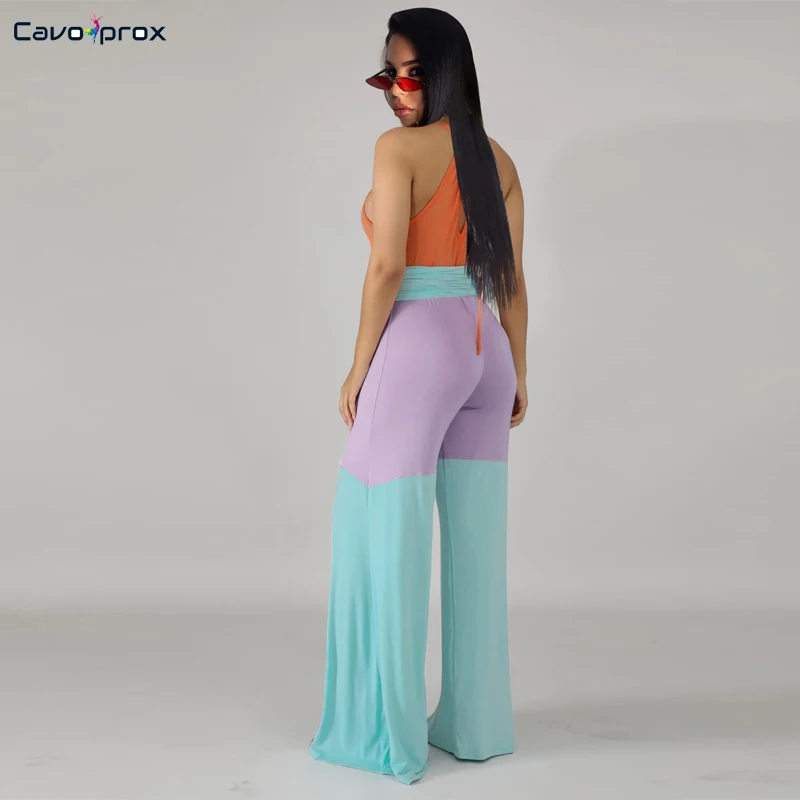 Women Color Block Halter Wide Leg Bodycon Sleeveless Jumpsuits with Hats Casual Plus Size Fashion New Trends | Женская одежда