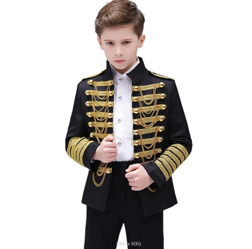 

Kids Steampunk Prince Costume Military Tassel Chains Jacket Shoulder Pad Coat Pop Stage Dacing Costume Officer Cosplay