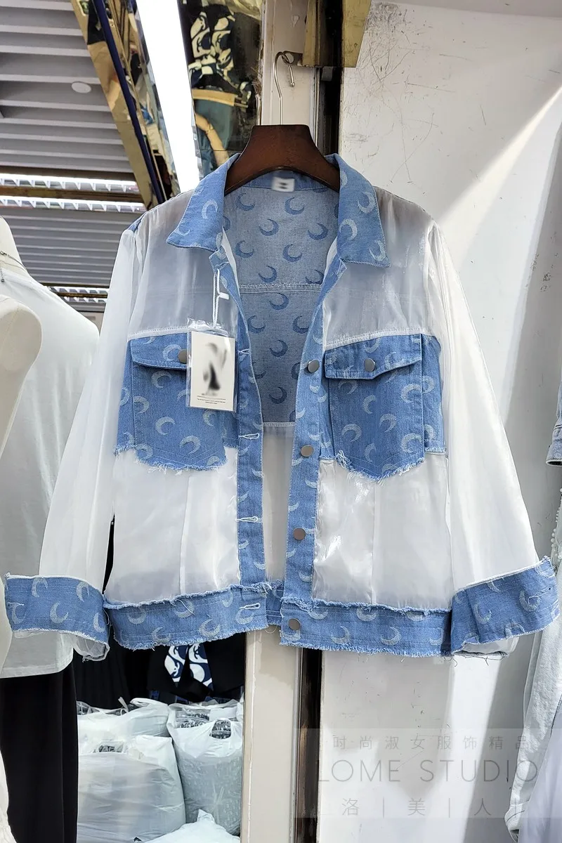 

Spring Denim Outerwear Jeans Jacket 2021 Summer New Women Organza Stitching Casual Coat Female Sun Protection Clothing