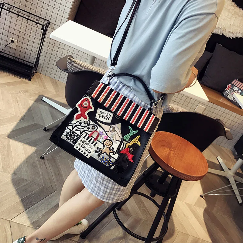 

Women Leather Patchwork Embroidery Handbags for Female Shoulder Messenger Bag Totes Cartoon Seafood Market