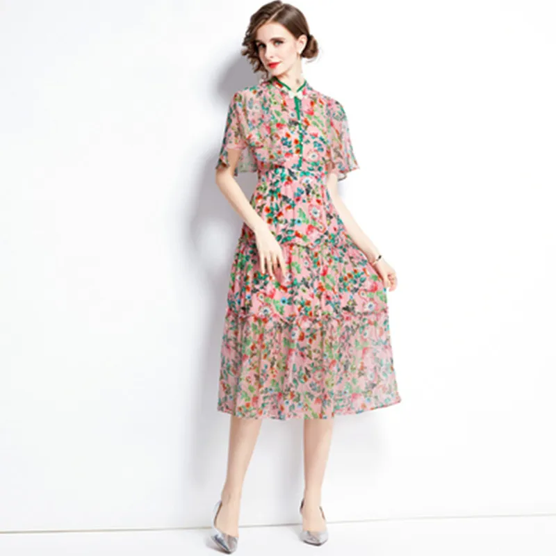 

Ladies Vintage Stand Collar Floral Printed Autumn Dresses 2021 Women's Designer Pearl Clasp Elegant Vacation Midi Dress