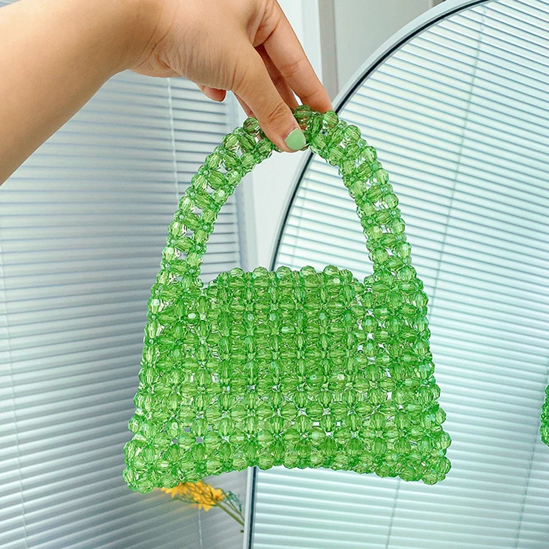 

Customized Mini Green Beaded Bag DIY Handmade Woven Handbag Small Square Bag Slung Designer High Quality 2021 Luxury